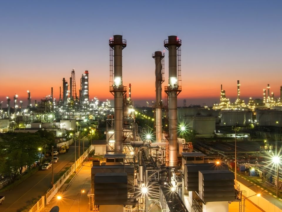 Aerial shot of a factory lit up at night