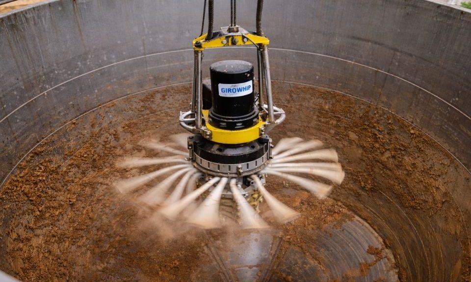 The giro whip in action, cleaning a silo with its rotating chains