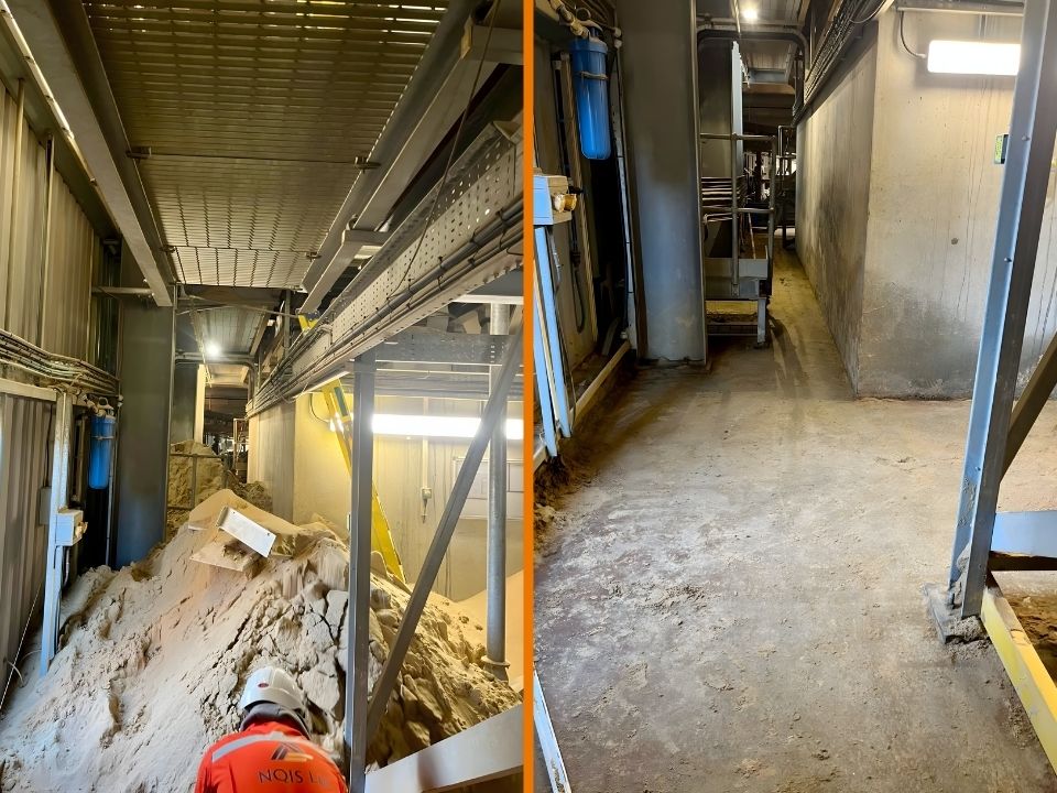 Before and after shots of an industrial walkway clean-up